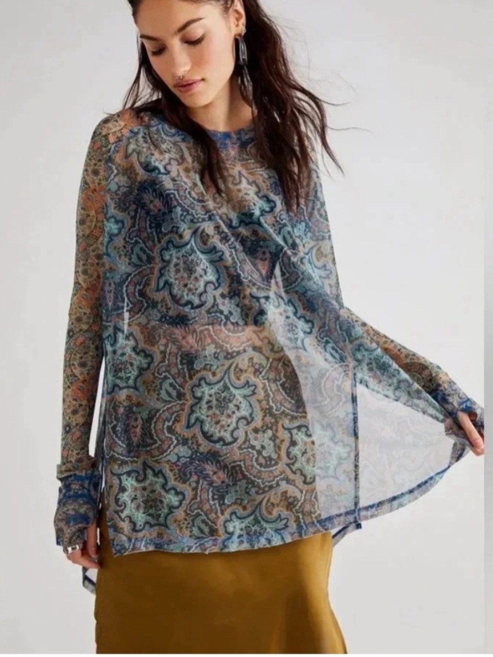 NWT Free People Sheer Paisley Long-Sleeve Mesh Tunic